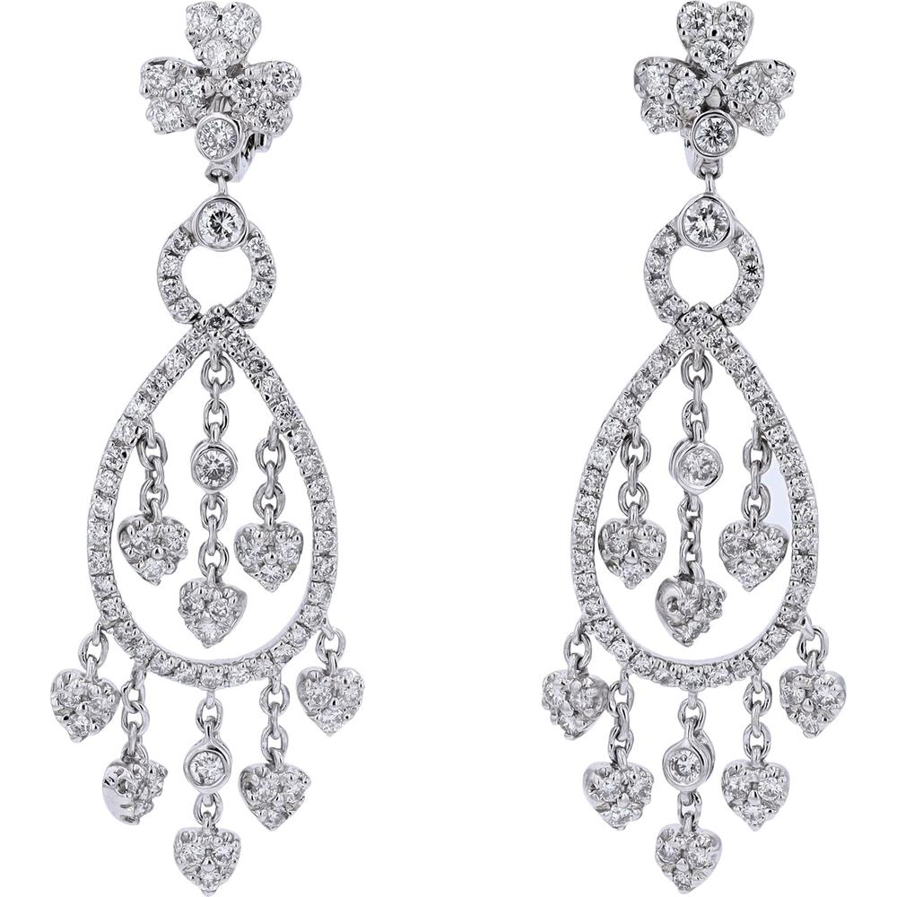 18K White Gold Diamond Chandelier Earrings with Heart - Shaped Diamonds - 3.20 Carat Total Diamond Weight