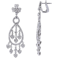 18K White Gold Diamond Chandelier Earrings with Heart - Shaped Diamonds - 3.20 Carat Total Diamond Weight
