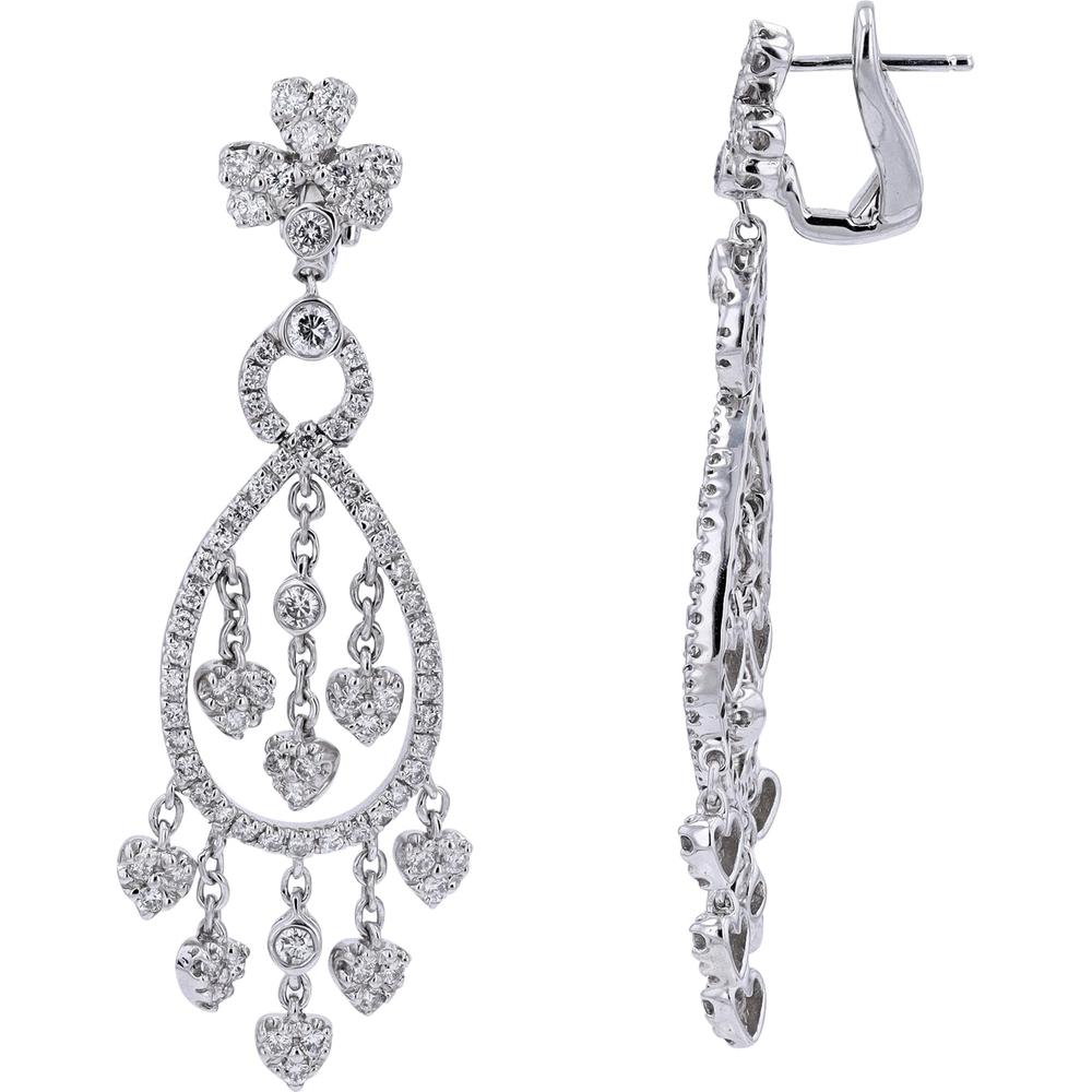 18K White Gold Diamond Chandelier Earrings with Heart - Shaped Diamonds - 3.20 Carat Total Diamond Weight