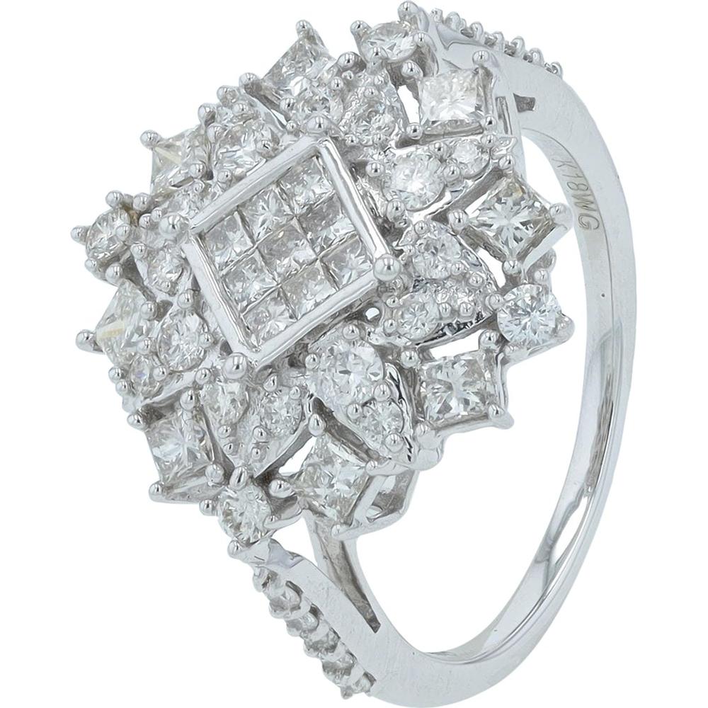 18K White Gold Diamond Cluster Ring with Square and Round Diamonds - 1.00 Carat Total Diamond Weight