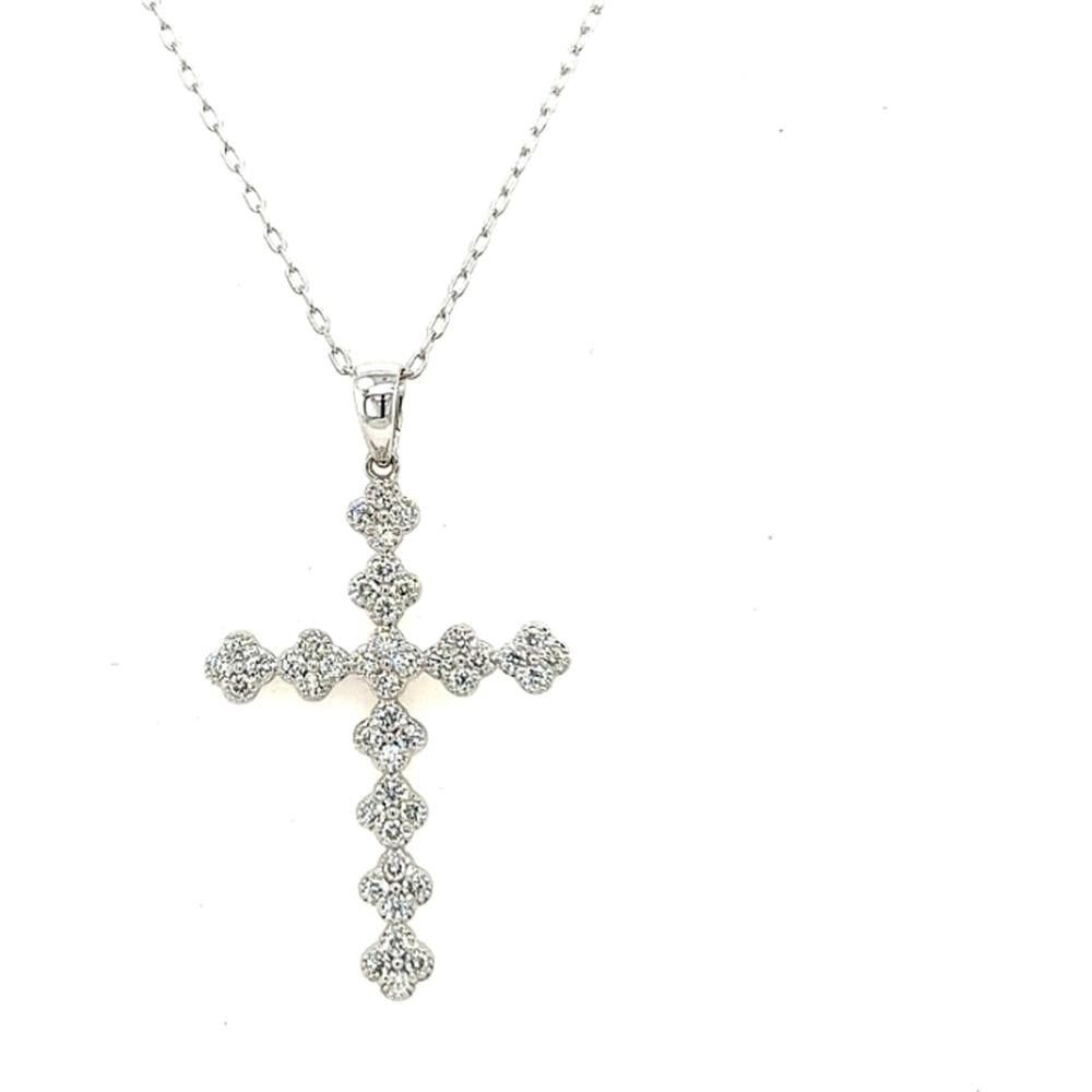 18K White Gold Diamond Cross Pendant Necklace with Rounded Cluster Motif by Afarin