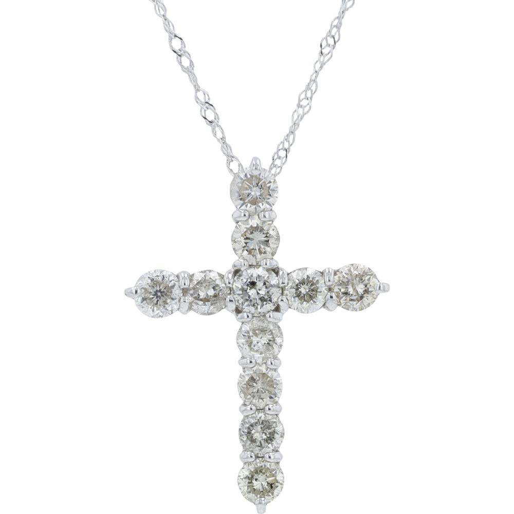 18K White Gold Diamond Cross Pendant with 1.00 Carat Total Round Diamonds - 18" Chain