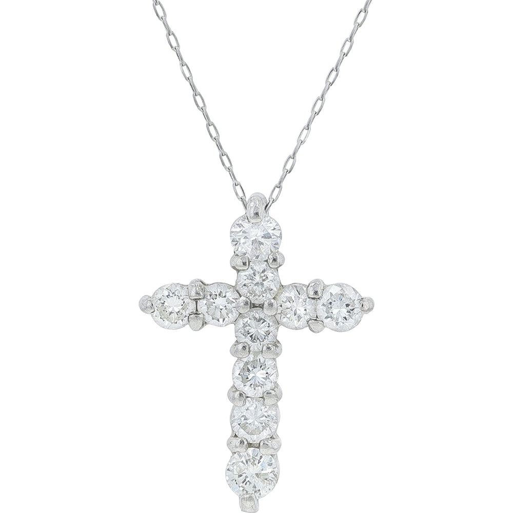 18K White Gold Diamond Cross Pendant with 4-Prong Set Round Brilliant Diamonds - 1.00 Carat Total Diamond Weight on an 18-Inch Chain