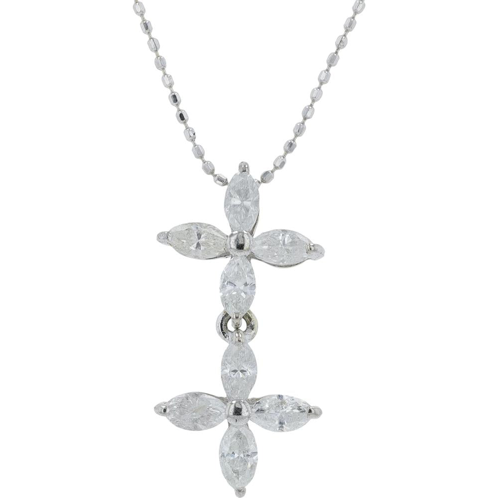 18K White Gold Diamond Cross Pendant with Pear - Shaped Diamonds - 1.03 Carat Total Diamond Weight