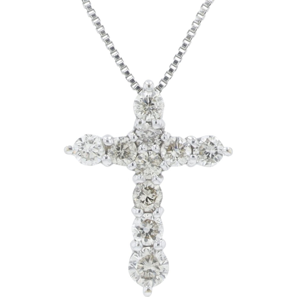 18K White Gold Diamond Cross Pendant with Prong-Set Round Diamonds - 0.30 Carat Total Diamond Weight on 16-Inch Box Chain