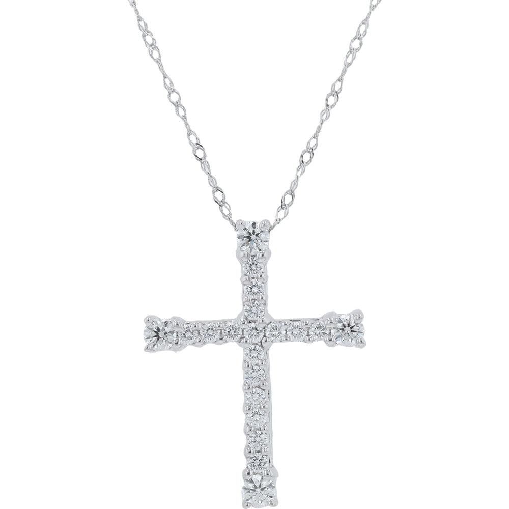 18K White Gold Diamond Cross Pendant with Prong Set Round Diamonds - 0.50 Carat Total Diamond Weight