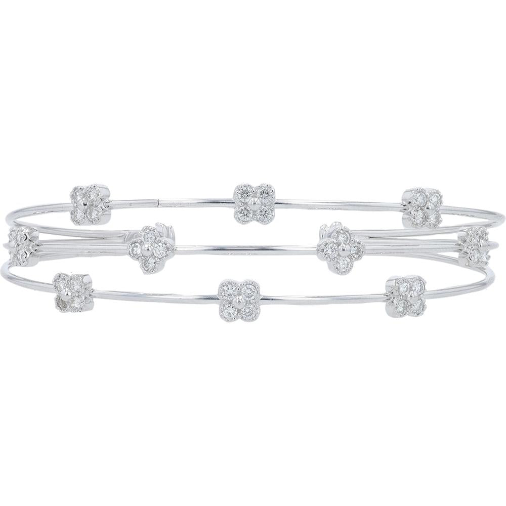 18K White Gold Diamond Cuff with 0.78 Carat Total Floral Cluster Diamonds