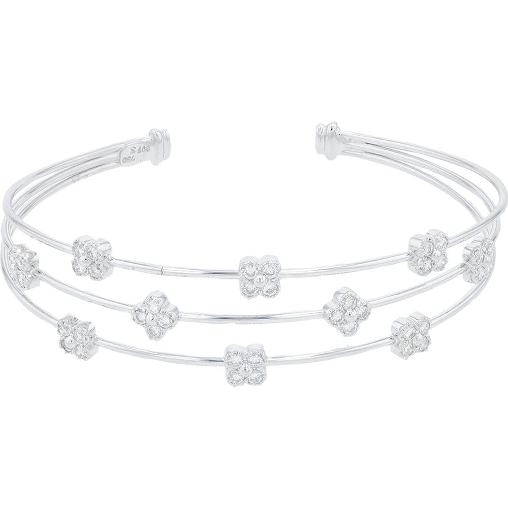 18K White Gold Diamond Cuff with 0.78 Carat Total Floral Cluster Diamonds