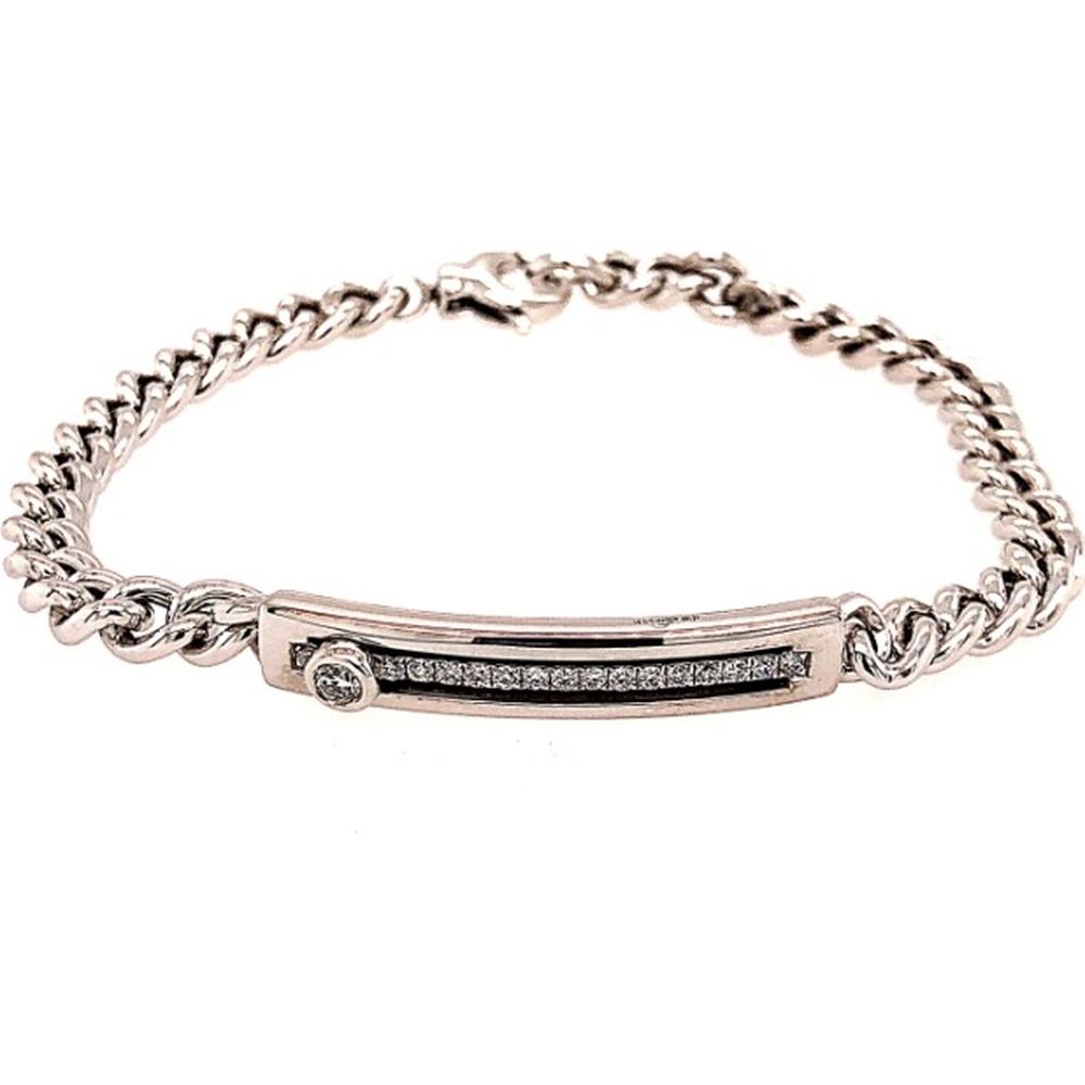 18K White Gold Diamond Curb Link Bracelet with Modern Bar Centerpiece by Afarin