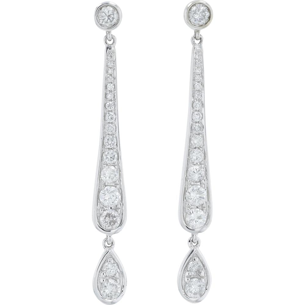 18K White Gold Diamond Drop Earrings with Bezel and Teardrop Set Diamonds - 0.77 Carat Total Diamond Weight