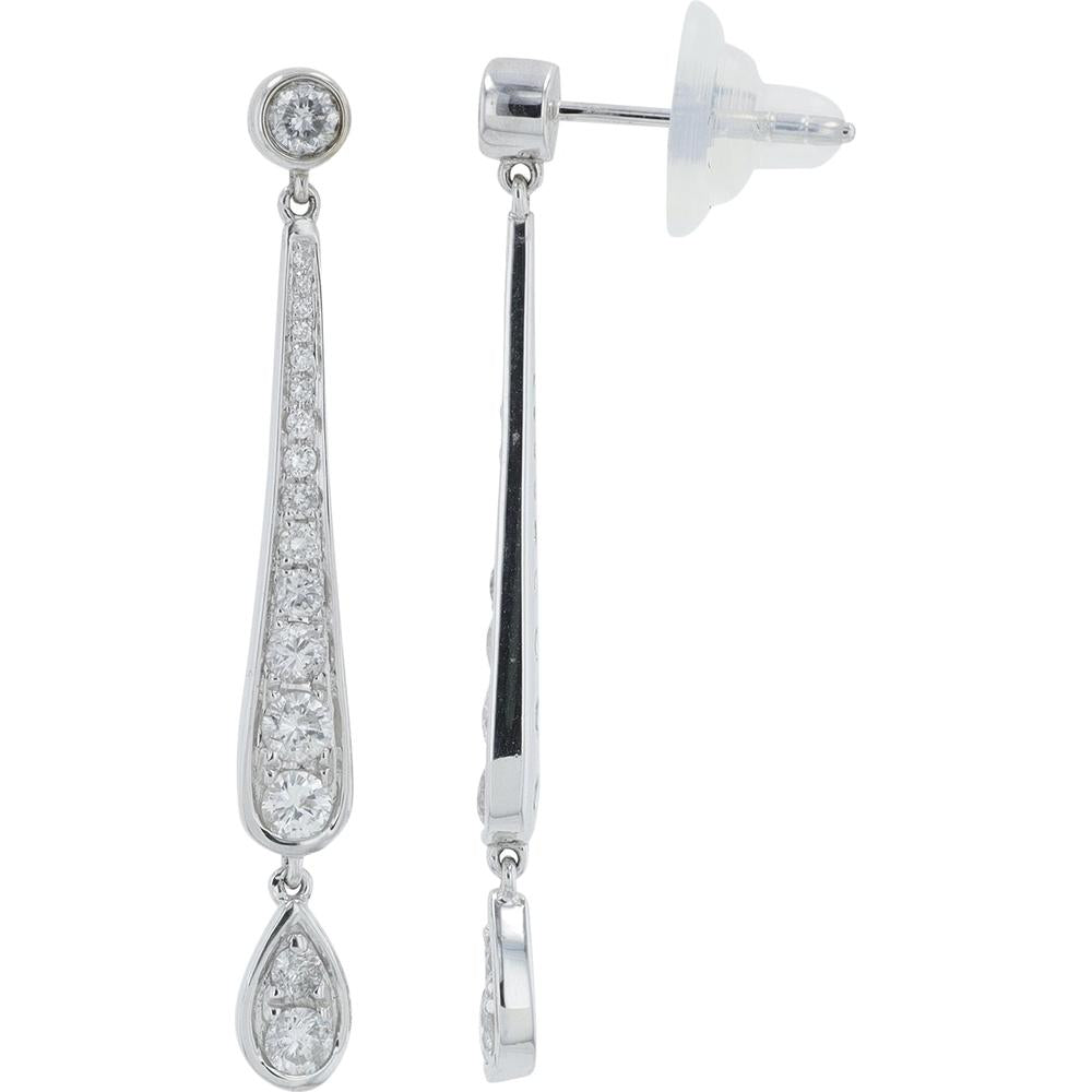 18K White Gold Diamond Drop Earrings with Bezel and Teardrop Set Diamonds - 0.77 Carat Total Diamond Weight