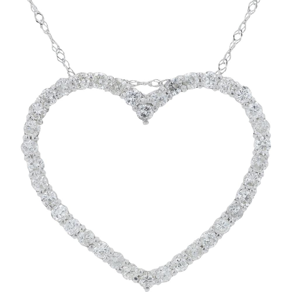 18K White Gold Diamond Heart Pendant Necklace - 1.00 Carat Total Diamond Weight