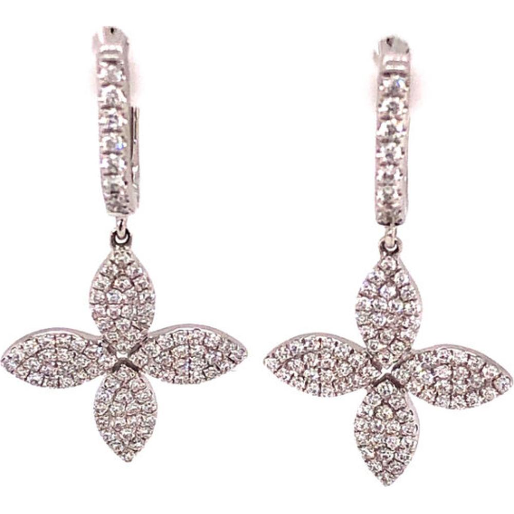 18K White Gold Diamond Huggie Drop Earrings with Pave Flower Motifs by Afarin