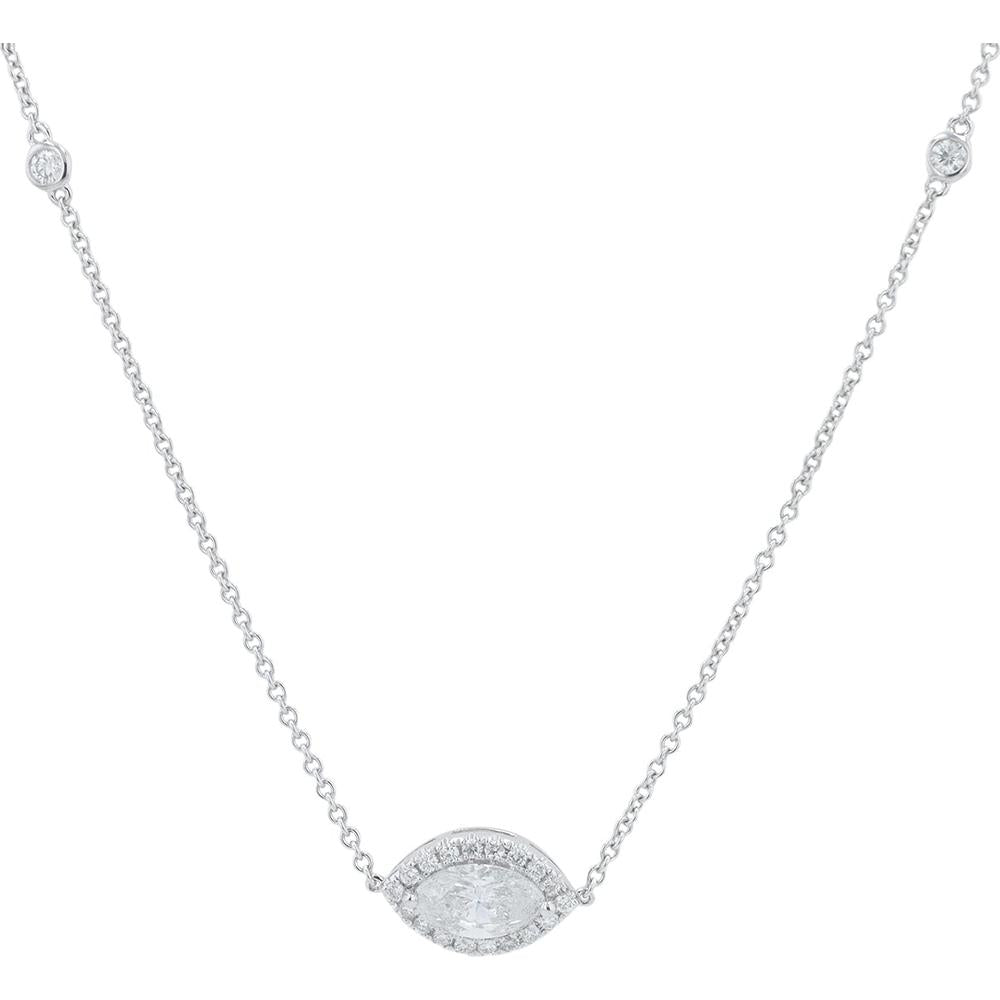 18K White Gold Diamond Necklace with 1.05 Carat Marquise Center Diamond and Halo Accents - 1.40 Total Carat Weight