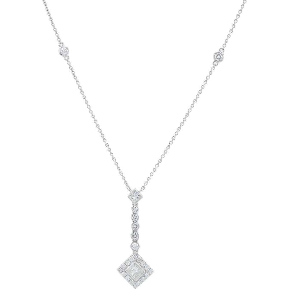 18K White Gold Diamond Pendant Necklace with 1.70 Carat Total Diamonds Featuring Princess - Cut Halo Center - Adjustable 18" - 20" Chain