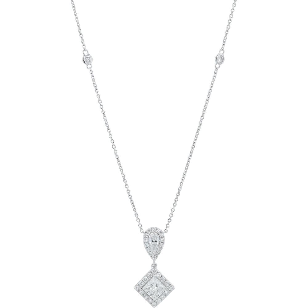 18K White Gold Diamond Pendant Necklace with Princess Cut and Round Diamonds - 1.69 Carat Total Diamond Weight
