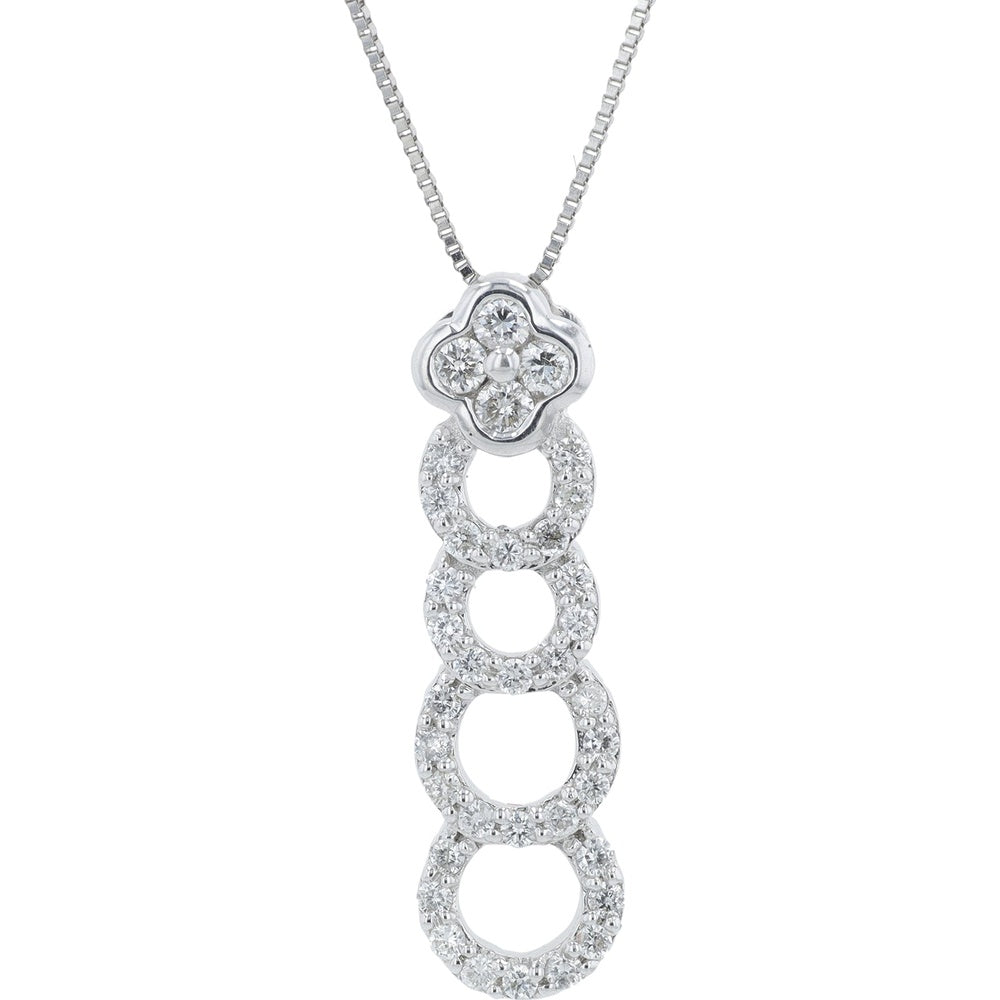 18K White Gold Diamond Pendant Necklace with Quatrefoil Top and Cascading Four-Open-Ring Design - 0.33 Carat Total Diamond Weight
