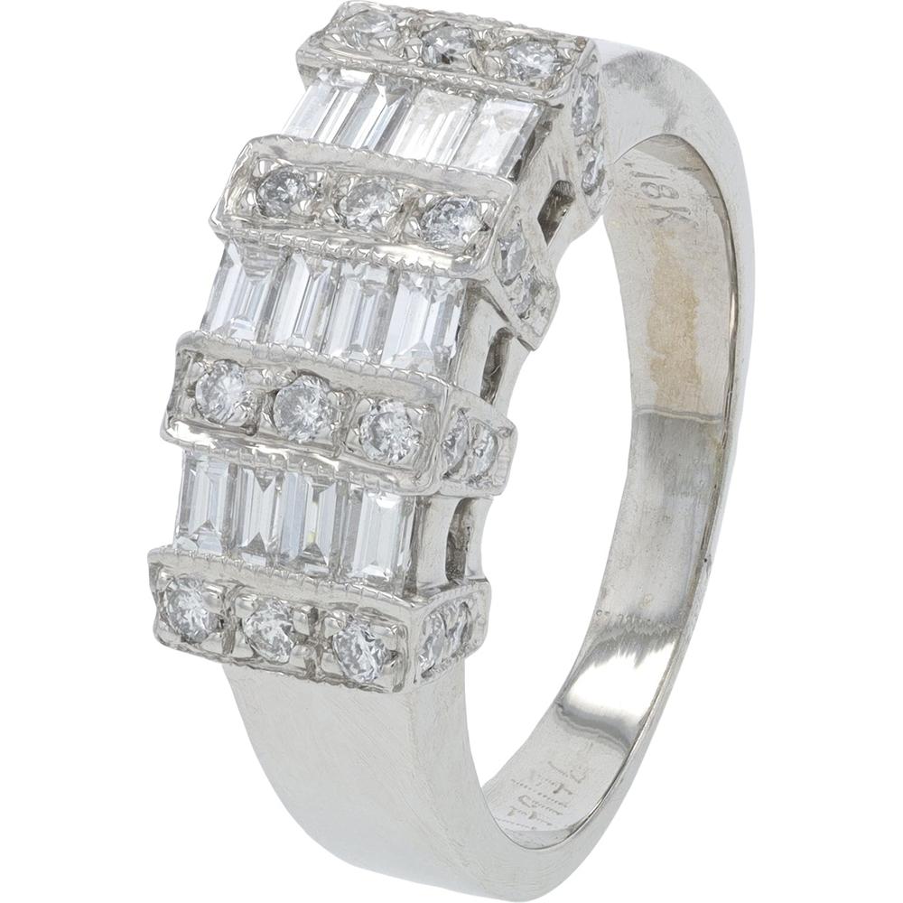 18K White Gold Diamond Ring with 1.25 Carat Total Weight Baguette and Round Diamonds