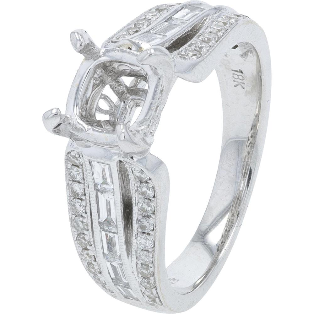 18K White Gold Diamond Semi - Mount Ring with Baguette Diamonds - 0.70 Carat Total Diamond Weight