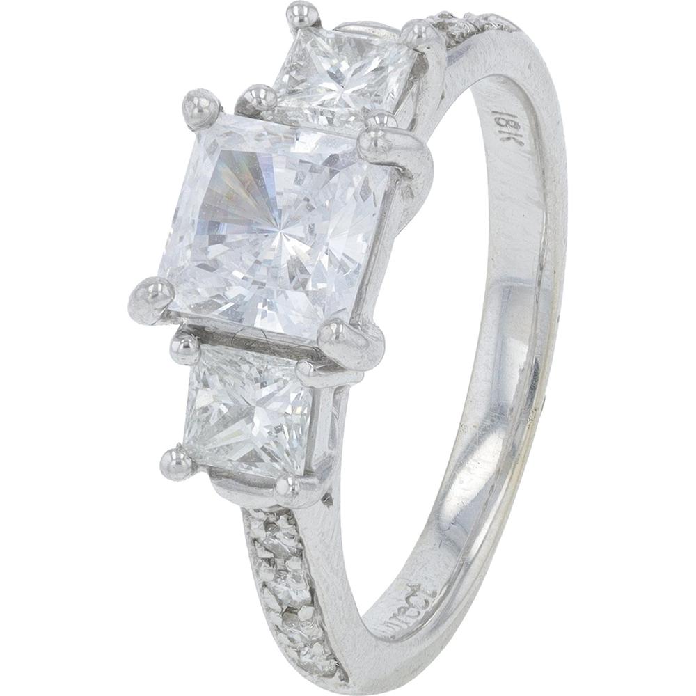 18K White Gold Diamond Three-Stone Semi-Mount Ring for Princess Cut Diamond - 0.62 Carats Total Diamond Weight
