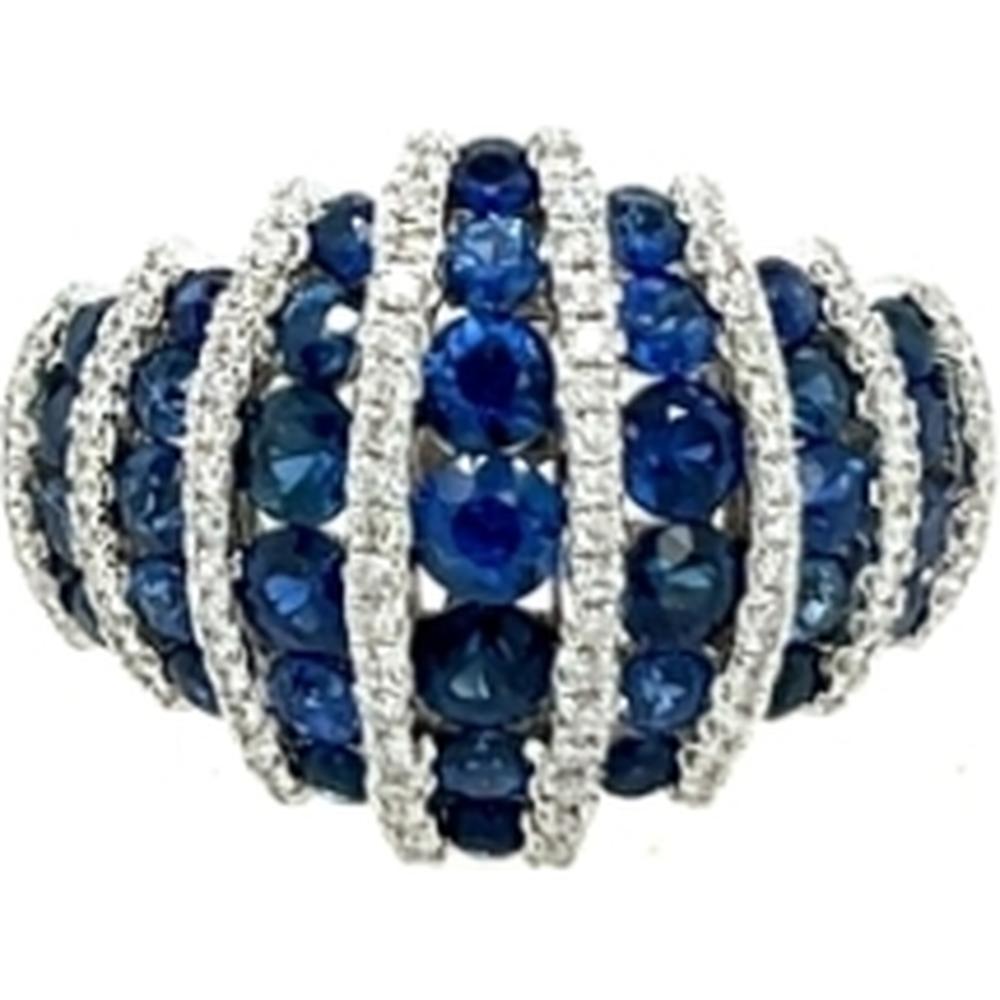18K White Gold Dome Ring with Round Blue Sapphires and Diamond Rows by Afarin