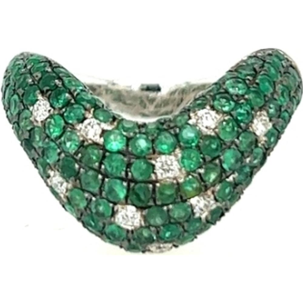 18K White Gold Domed Pavé Emerald and Diamond Statement Ring by Afarin