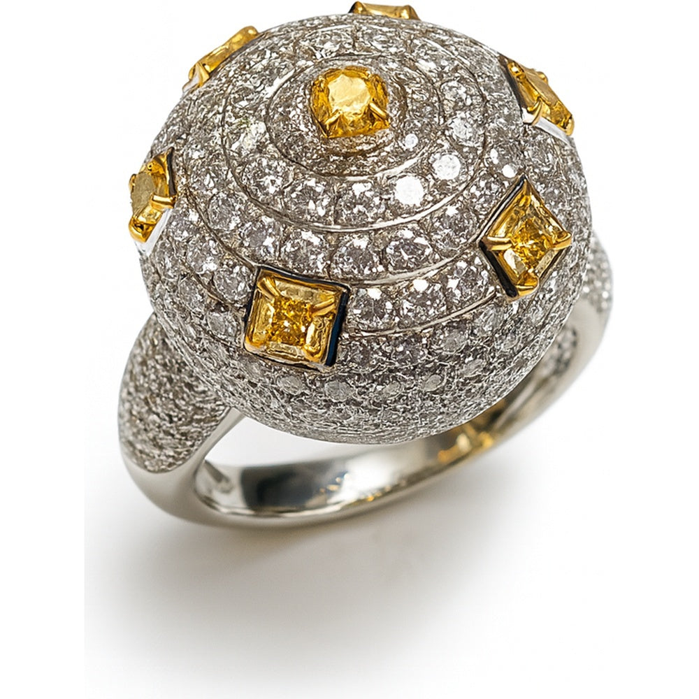 18K White Gold Domed Statement Ring with Pavé Round Diamonds and Prong-Set Fancy Yellow Diamond Accents - 3.80 Carat Total Diamond Weight by Auriventus