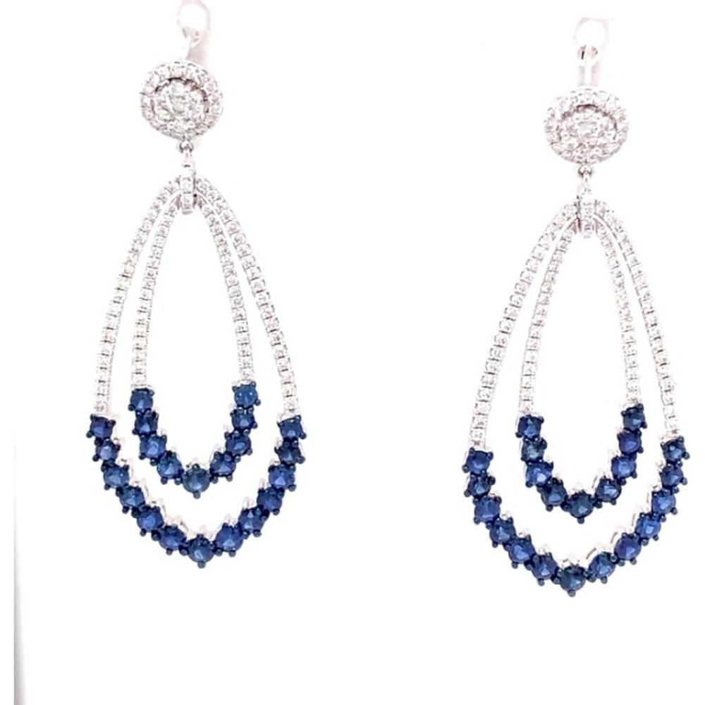 18K White Gold Double Drop Earrings with Round Diamonds and Blue Sapphires by Afarin