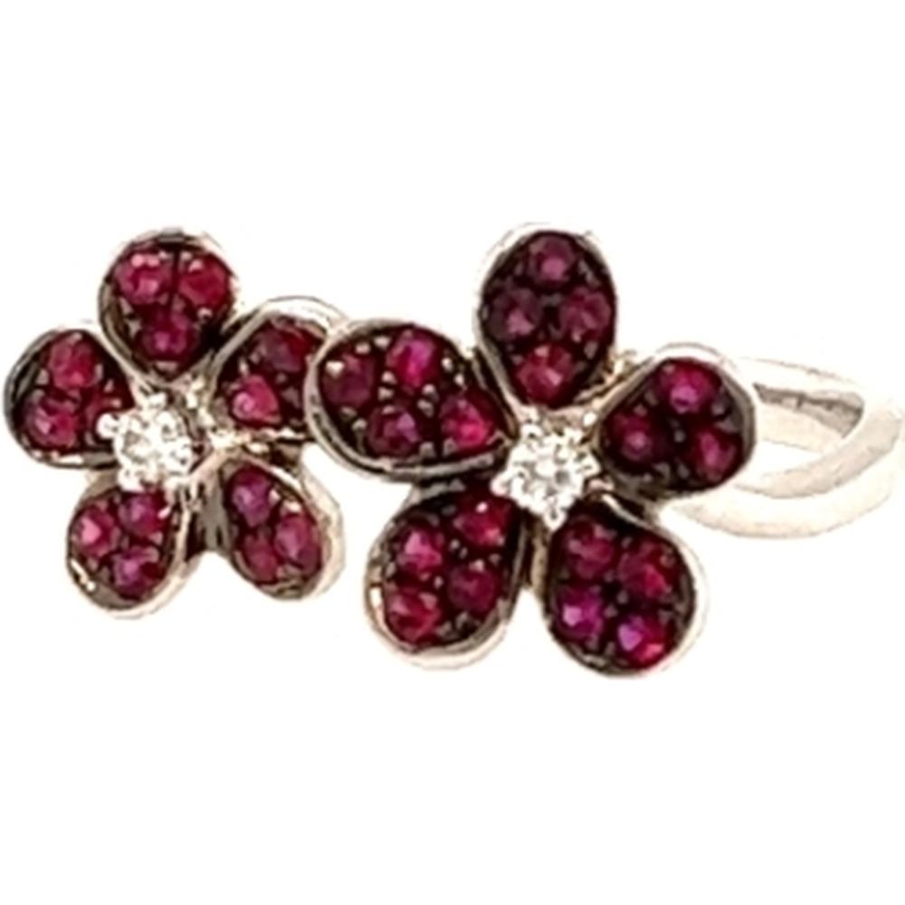 18K White Gold Double Flower Ring with Round Rubies and Diamond Accents by Afarin