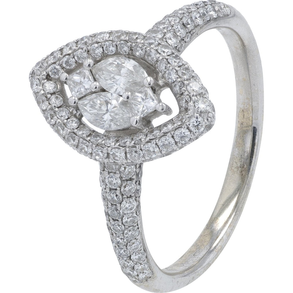 18K White Gold Double Halo Cluster Ring with Pear and Trillion Cut Diamonds - 1.50 Carat Total Diamond Weight