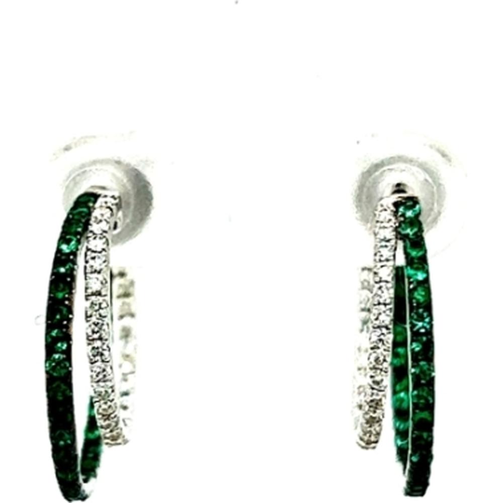 18K White Gold Double Hoop Earrings with Diamonds and Emeralds by Afarin