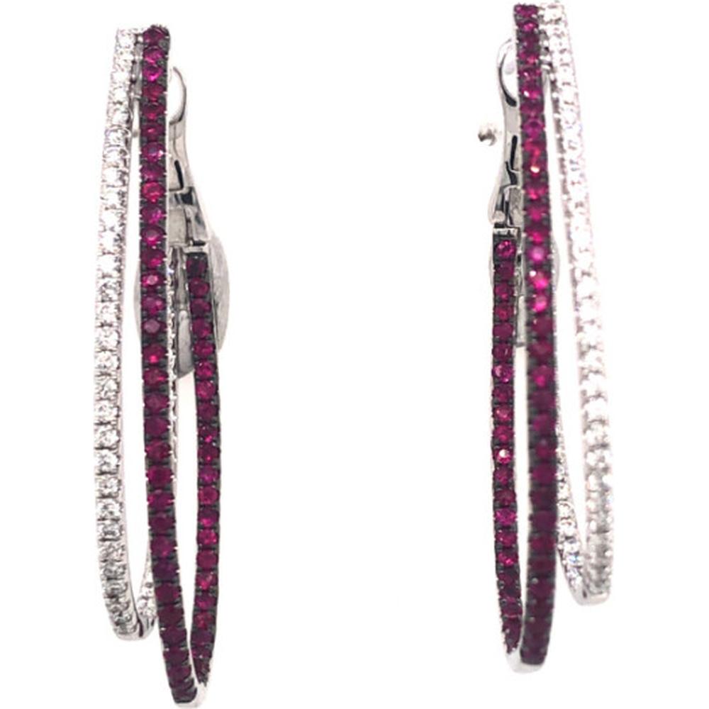18K White Gold Double Hoop Earrings with Diamonds and Rubies by Afarin