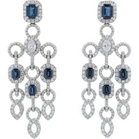 18K White Gold Drop Earrings with 2.22 Carat Total Emerald Cut Sapphires and 1.76 Carat Total Diamond Accents
