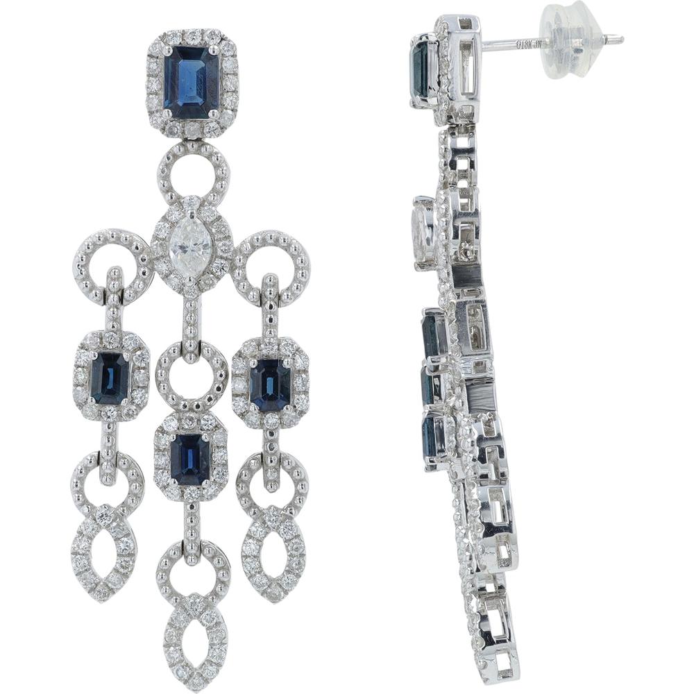 18K White Gold Drop Earrings with 2.22 Carat Total Emerald Cut Sapphires and 1.76 Carat Total Diamond Accents