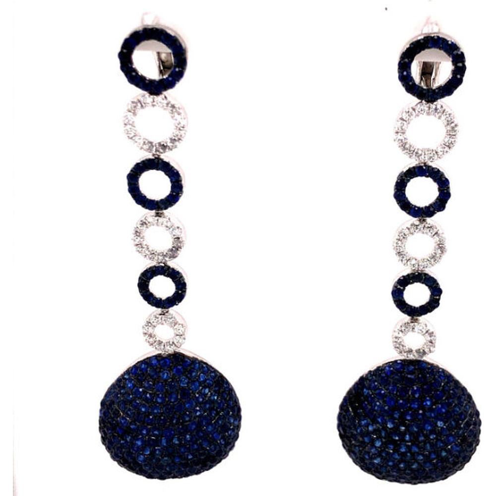 18K White Gold Drop Earrings with Alternating Diamond and Blue Sapphire Open Circles and Pavé Blue Sapphire Domed Drops by Afarin