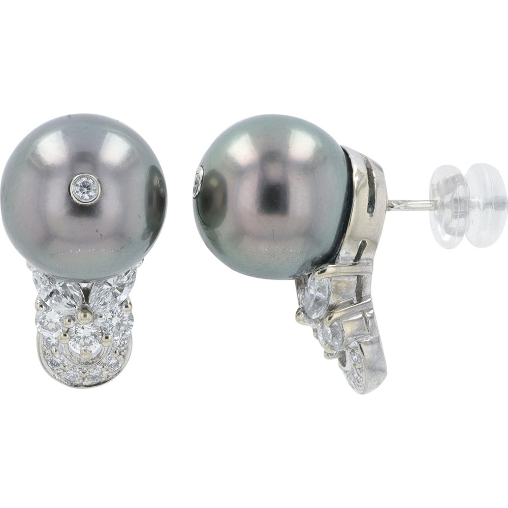 18K White Gold Drop Earrings with Cultured Pearls and Bezel-Set Diamond Accents - 1.07 Carat Total Diamond Weight