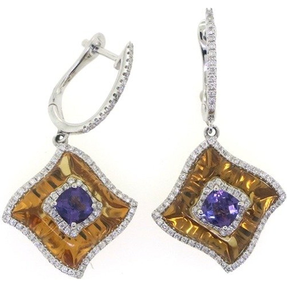 18K White Gold Drop Earrings with Cushion Cut Purple Gemstones and 0.70 Carat Total Diamond Weight by Auriventus