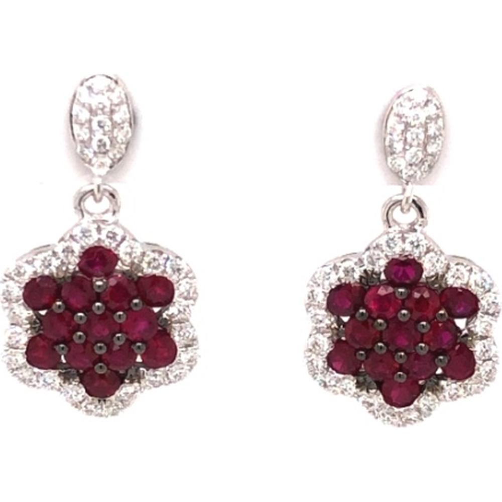 18K White Gold Drop Earrings with Floral Ruby Clusters and Diamond Halo Accents by Afarin