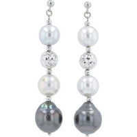 18K White Gold Drop Earrings with Lustrous White and Dark Pearls and Textured Diamond-Cut Bead Detail