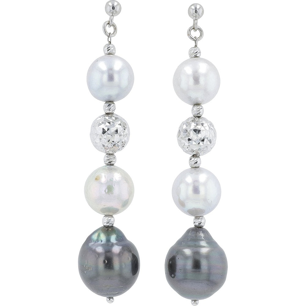 18K White Gold Drop Earrings with Lustrous White and Dark Pearls and Textured Diamond-Cut Bead Detail