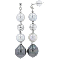 18K White Gold Drop Earrings with Lustrous White and Dark Pearls and Textured Diamond-Cut Bead Detail