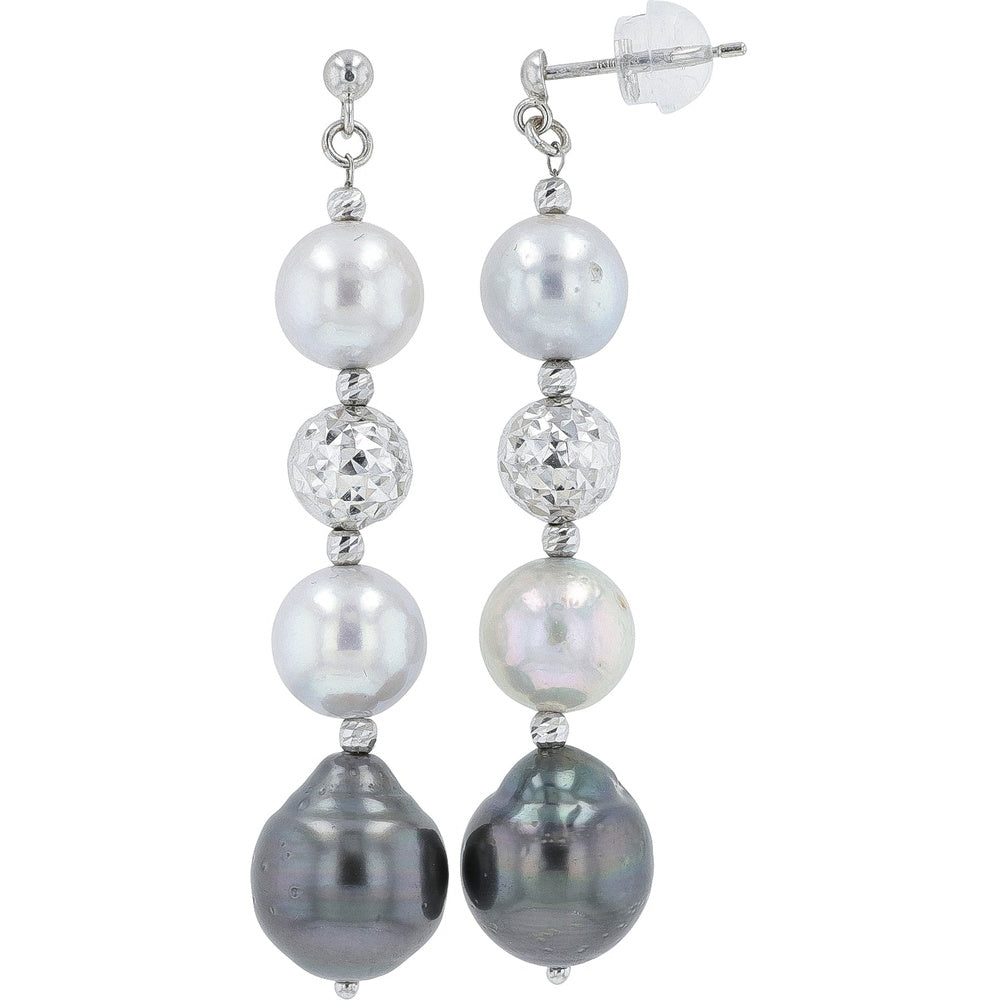 18K White Gold Drop Earrings with Lustrous White and Dark Pearls and Textured Diamond-Cut Bead Detail
