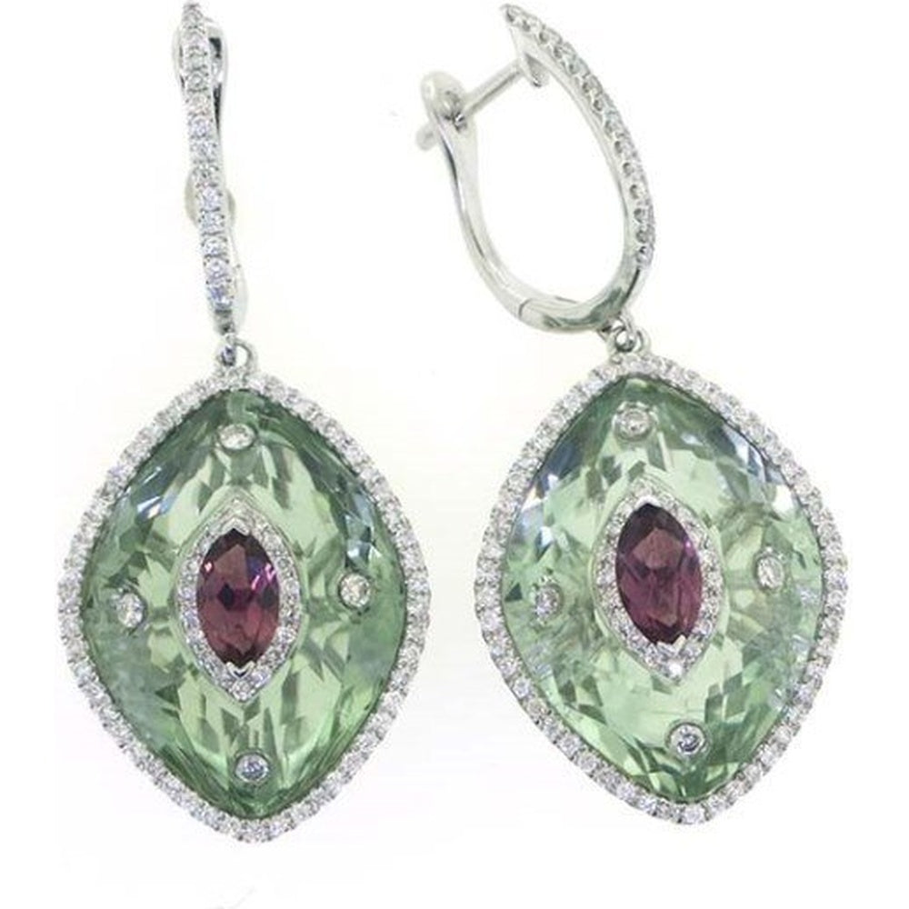 18K White Gold Drop Earrings with Marquise Amethyst, Green Tourmaline and Diamond Halo - 0.92 Carat Total Diamond Weight by Auriventus