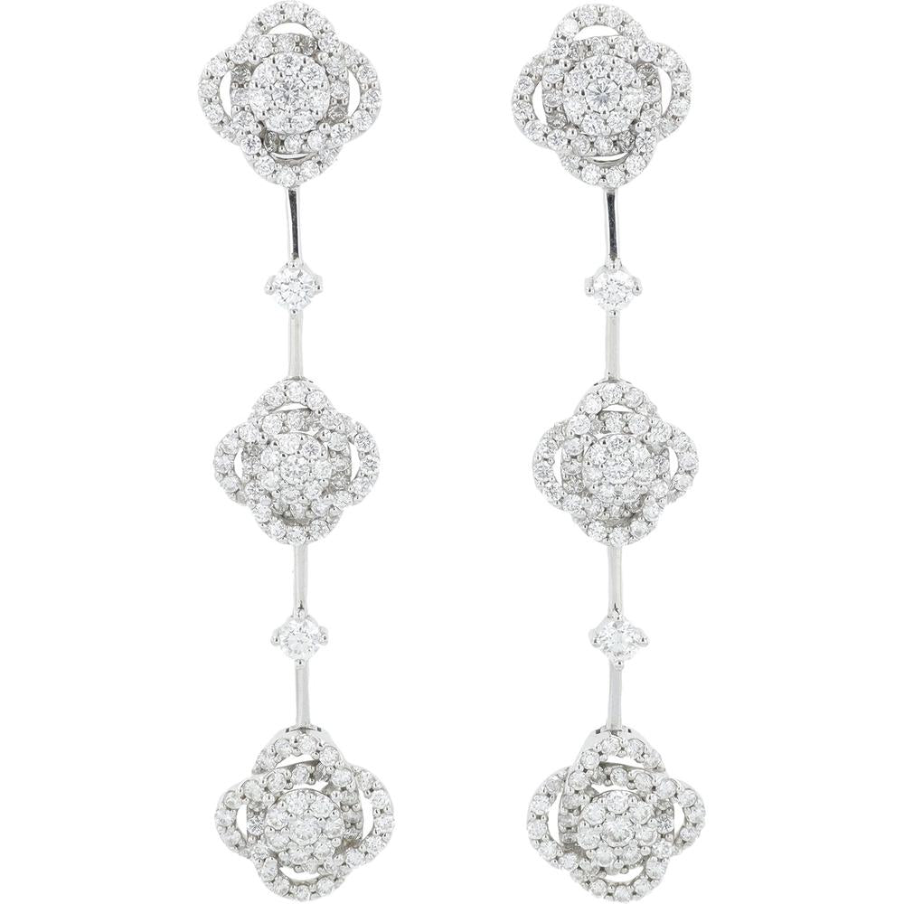 18K White Gold Drop Earrings with Pavé Floral Diamond Clusters - 2.64 Carat Total Diamond Weight