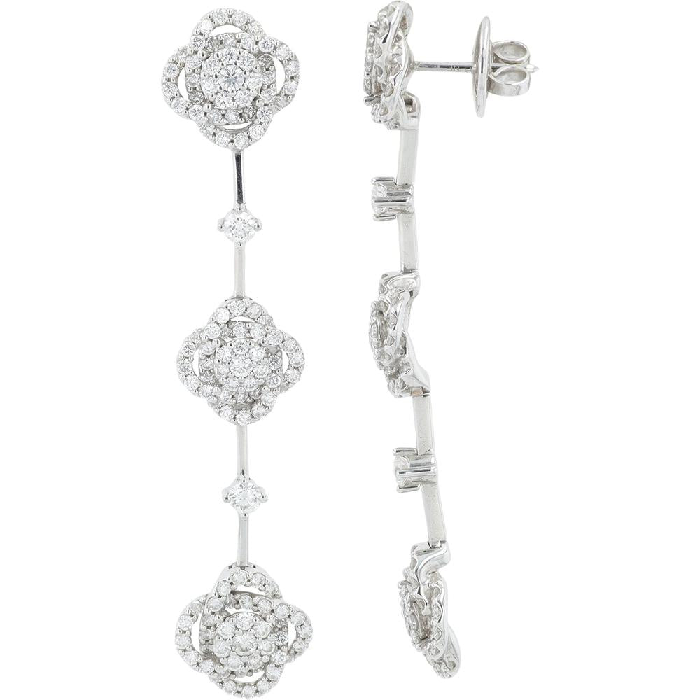 18K White Gold Drop Earrings with Pavé Floral Diamond Clusters - 2.64 Carat Total Diamond Weight