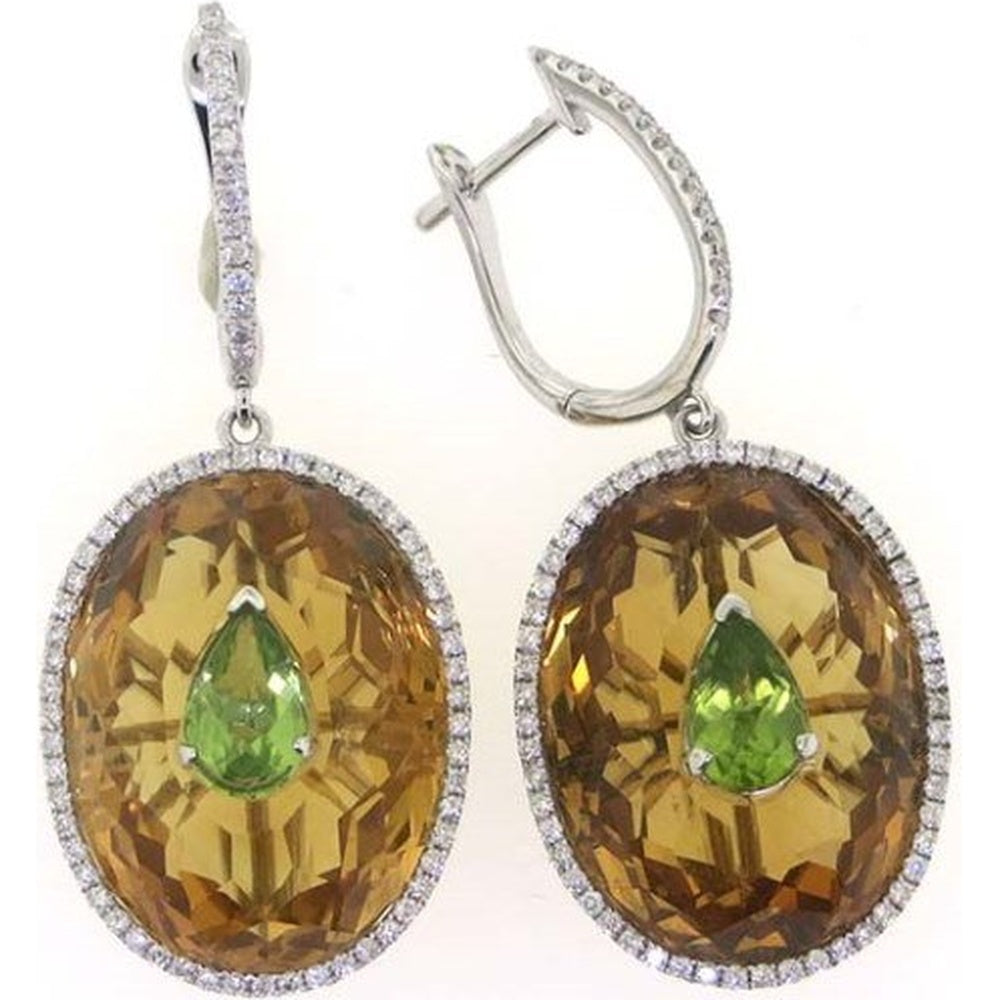18K White Gold Drop Earrings with Pear-Shaped Peridot and Oval Champagne Gemstones - 0.73 Carat Total Diamond Weight by Auriventus