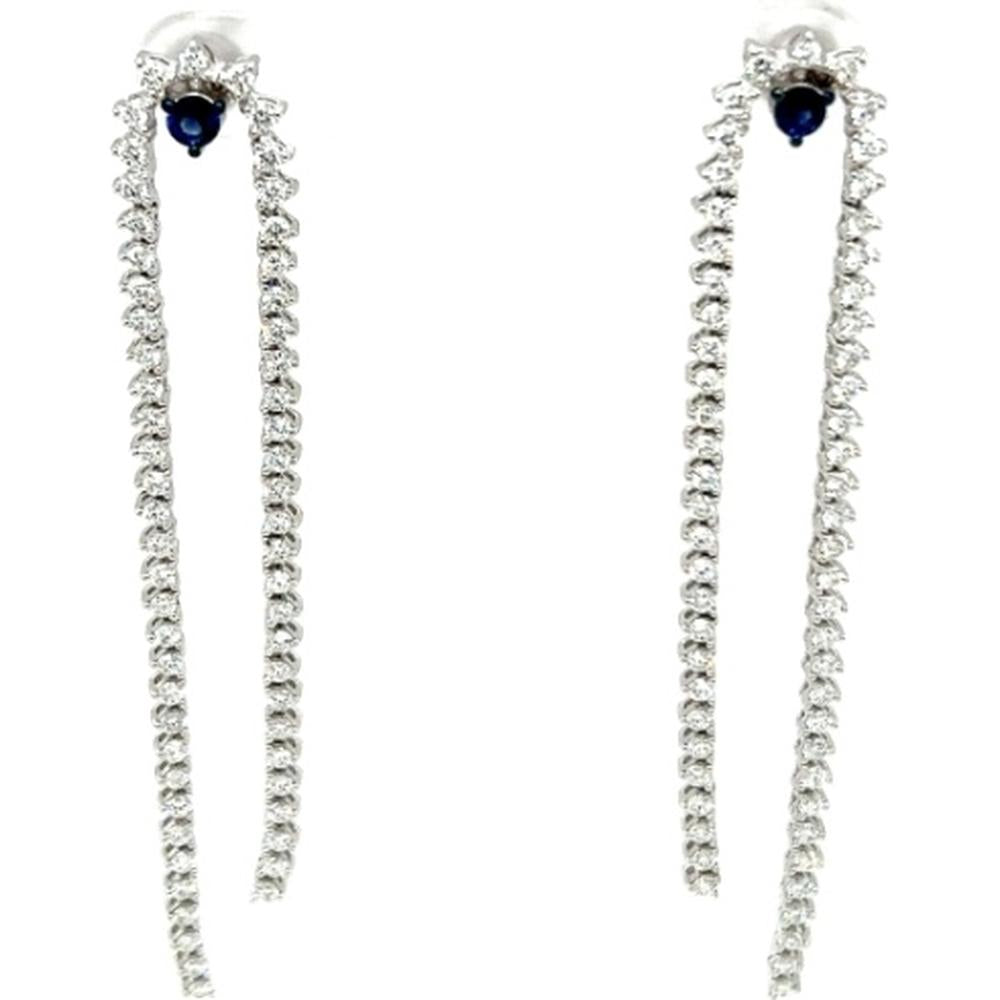 18K White Gold Drop Earrings with Round Diamonds and Blue Sapphire Accents by Afarin