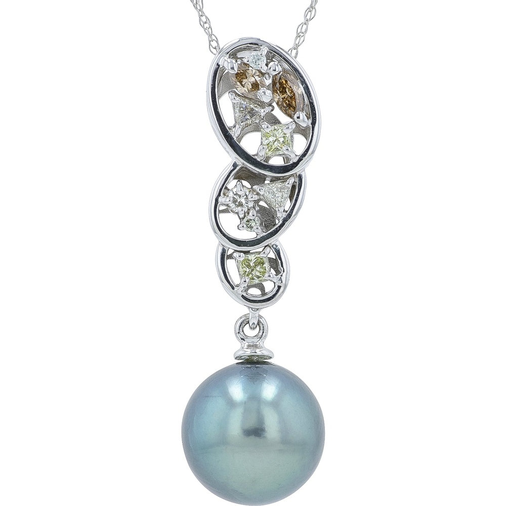 18K White Gold Drop Pendant with 10.6mm Tahitian Pearl and 0.37 Carat Multi-Color Diamond Accents - 18 Inch Chain