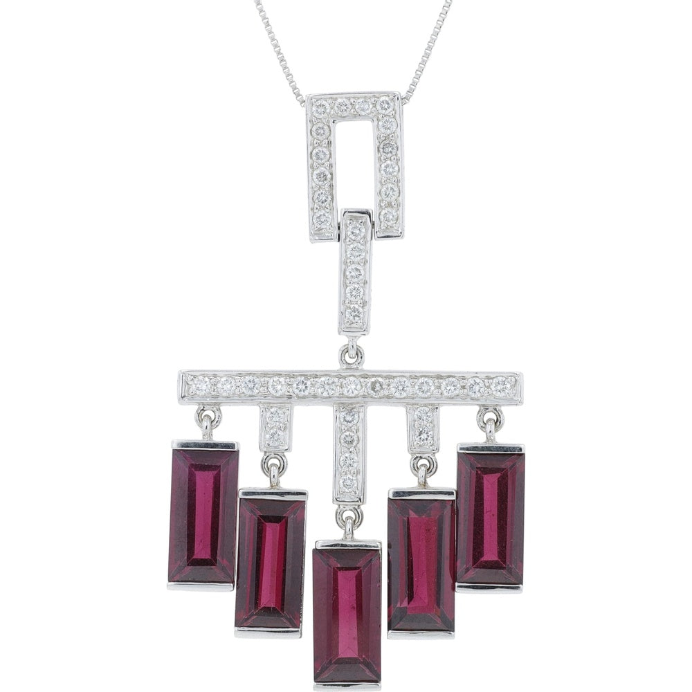 18K White Gold Drop Pendant with Baguette-Cut Rhodolite Garnets and Round Diamond Accents - 11.12 Carat Total Garnet Weight and 0.50 Carat Total Diamond Weight