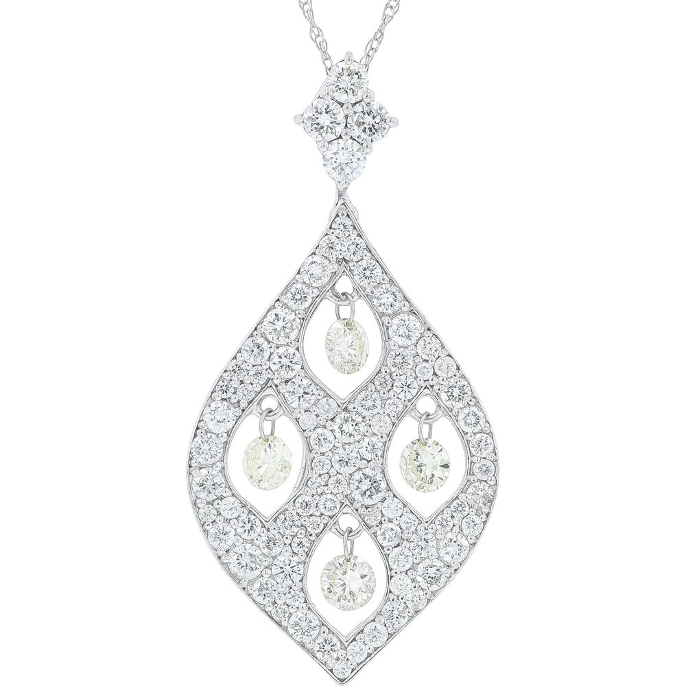 18K White Gold Drop Pendant with Pavé Set White and Dangling Yellow-Hued Round Diamonds - 1.83 Carat Total Diamond Weight